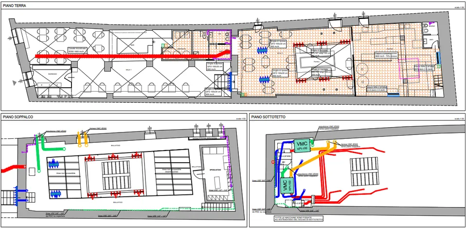 Planimetrie degli impianti di un locale di somministrazione: piano terra, piano soppalco e piano sottotetto con unità di ventilazione meccanica e linee dell'impianto