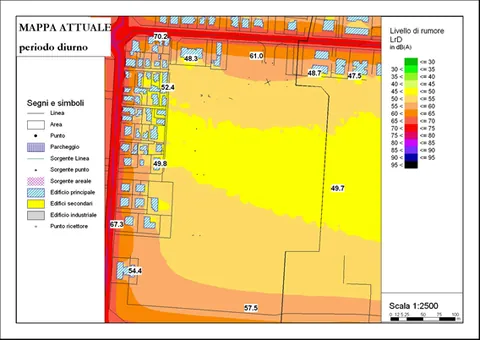 Mappa del rumore diurno dello stato attuale: livelli di rumore in dB(A) lungo le strade della lottizzazione