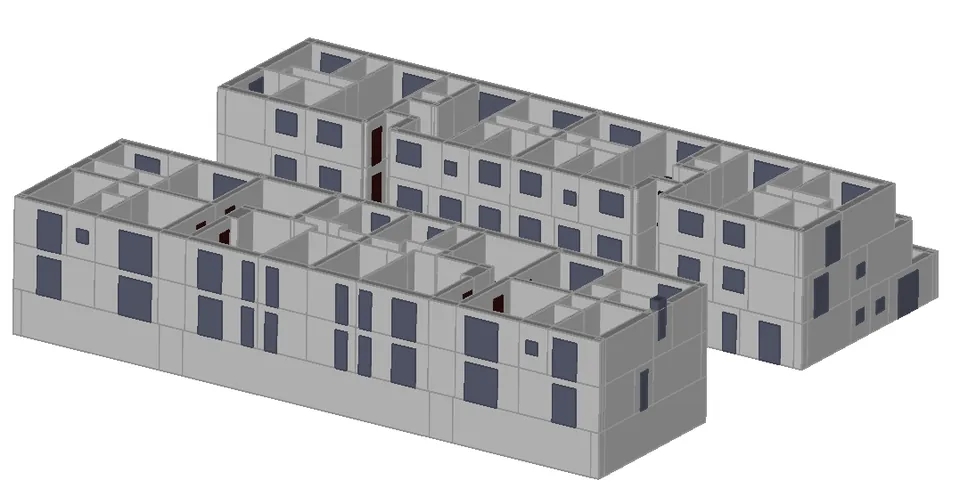 Modello tridimensionale di due corpi di fabbrica di un condominio residenziale, usato per la valutazione acustica